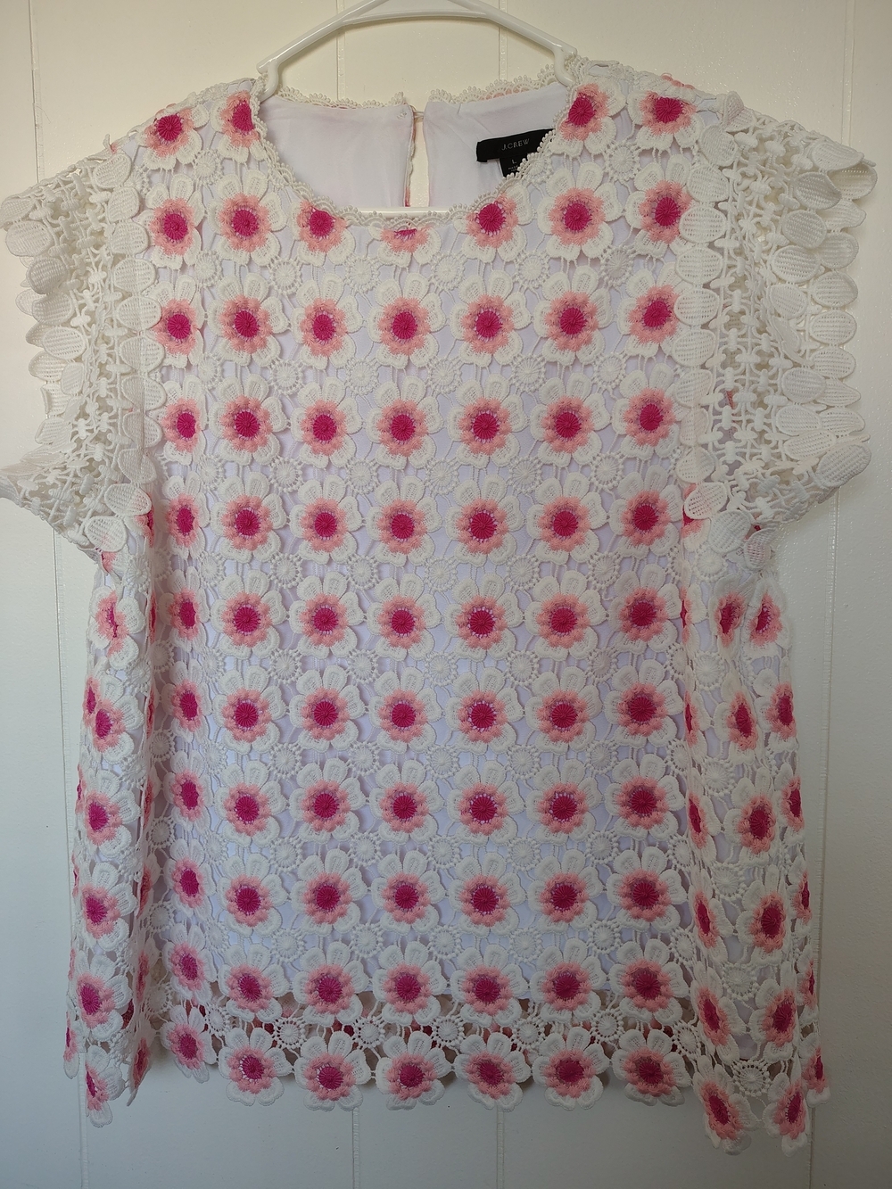 J. Crew Floral Lace Short Sleeve Top in White with Pink Flowers Size L